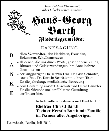 Traueranzeige von Hans-Georg Barth von Südthüringer Presse