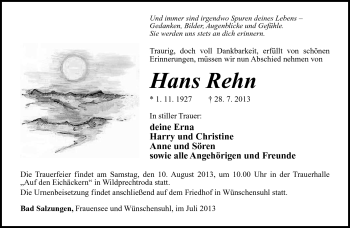 Traueranzeige von Hans Rehn von Südthüringer Presse