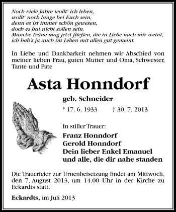 Traueranzeige von Asta Honndorf von Südthüringer Presse