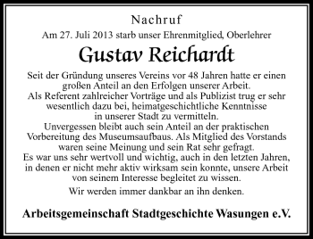 Traueranzeige von Gustav Reichardt von Südthüringer Presse