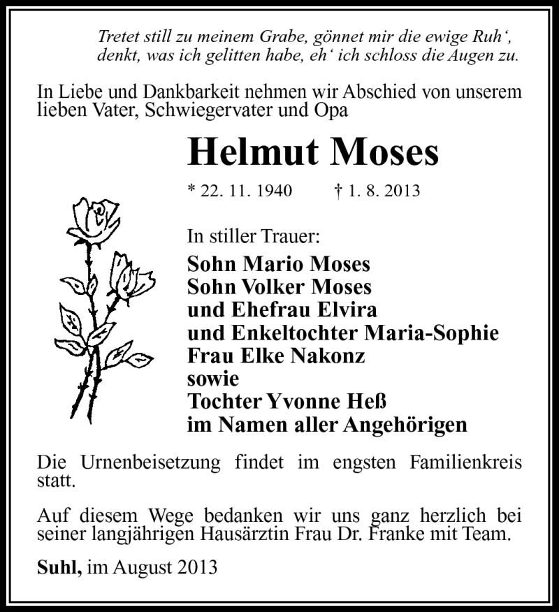  Traueranzeige für Helmut Moses vom 10.08.2013 aus Südthüringer Presse