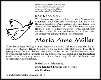 Traueranzeige von Maria Anna Müller von Südthüringer Presse