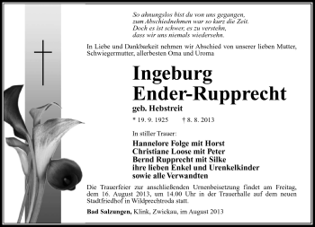 Traueranzeige von Ingeburt Ender-Rupprecht von Südthüringer Presse
