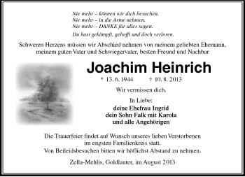 Traueranzeige von Joachim Heinrich von Südthüringer Presse