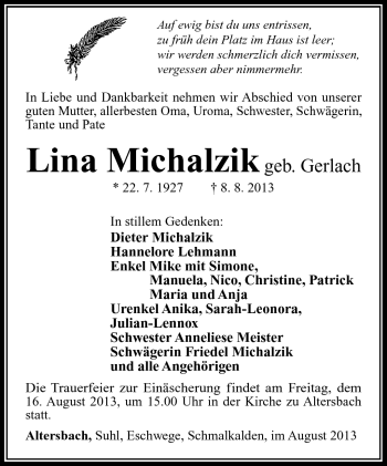 Traueranzeige von Lina Michalzik von Südthüringer Presse