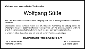 Traueranzeige von Wolfgang Süße von Neue Presse Coburg