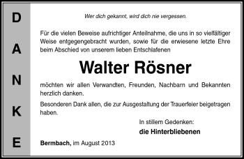 Traueranzeige von Walter Rösner von Südthüringer Presse