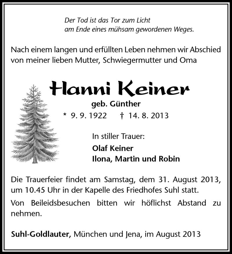 Traueranzeige für Hanni Keiner vom 21.08.2013 aus Südthüringer Presse