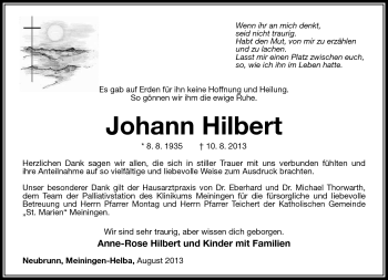 Traueranzeige von Johann Hilbert von Südthüringer Presse