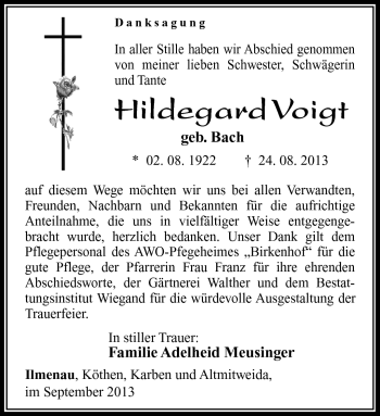 Traueranzeige von Hildegard Voigt von Südthüringer Presse