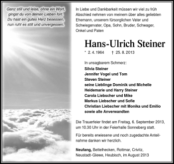 Traueranzeige von Hans-Ulrich Steiner von Südthüringer Presse