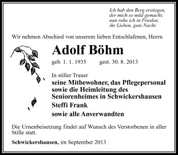 Traueranzeige von Adolf Böhm von Südthüringer Presse