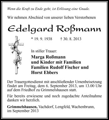 Traueranzeige von Edelgard Roßmann von Südthüringer Presse