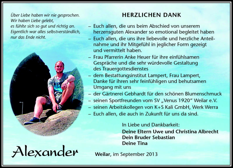  Traueranzeige für Alexander Albrecht vom 05.09.2013 aus Südthüringer Presse
