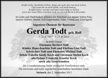 Traueranzeige von Gerda Todt von Südthüringer Presse