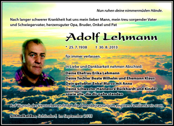 Traueranzeige von Adolf Lehmann von Südthüringer Presse