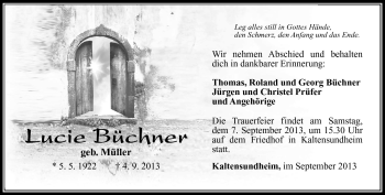 Traueranzeige von Lucie Büchner von Südthüringer Presse