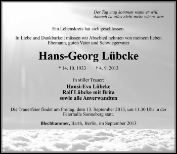 Traueranzeige von Hans-Georg Lübcke von Südthüringer Presse