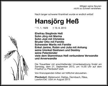 Traueranzeige von Hansjörg Heß von Südthüringer Presse