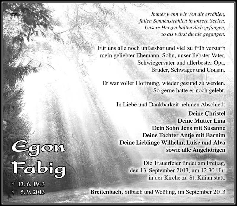  Traueranzeige für Egon Fabig vom 10.09.2013 aus Südthüringer Presse