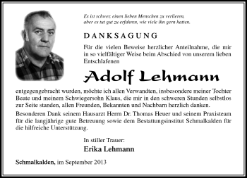Traueranzeige von Adolf Lehmann von Südthüringer Presse