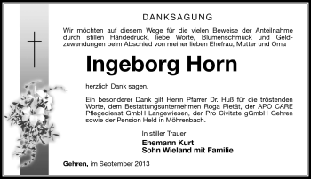 Traueranzeige von Ingeborg Horn von Südthüringer Presse