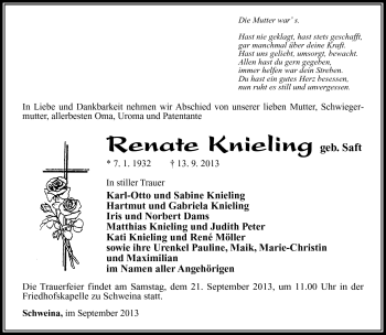 Traueranzeige von Renate Knieling von Südthüringer Presse