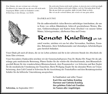 Traueranzeige von Renate Knieling von Südthüringer Presse