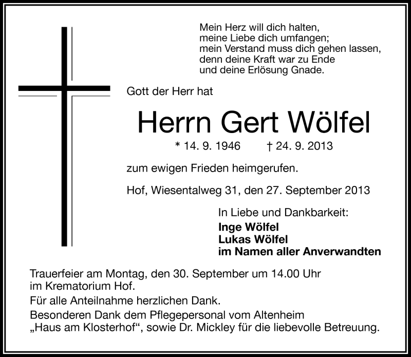  Traueranzeige für Gert Wölfel vom 27.09.2013 aus Frankenpost