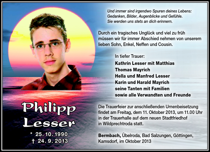 Traueranzeige für Philipp Lesser vom 08.10.2013 aus Südthüringer Presse