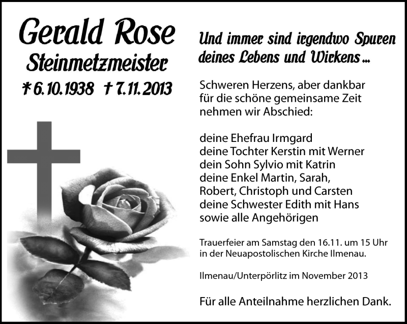  Traueranzeige für Gerald Rose vom 12.11.2013 aus Südthüringer Presse