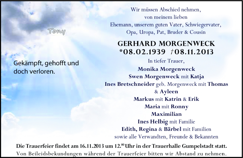  Traueranzeige für Gerhard Morgenweck vom 13.11.2013 aus Südthüringer Presse