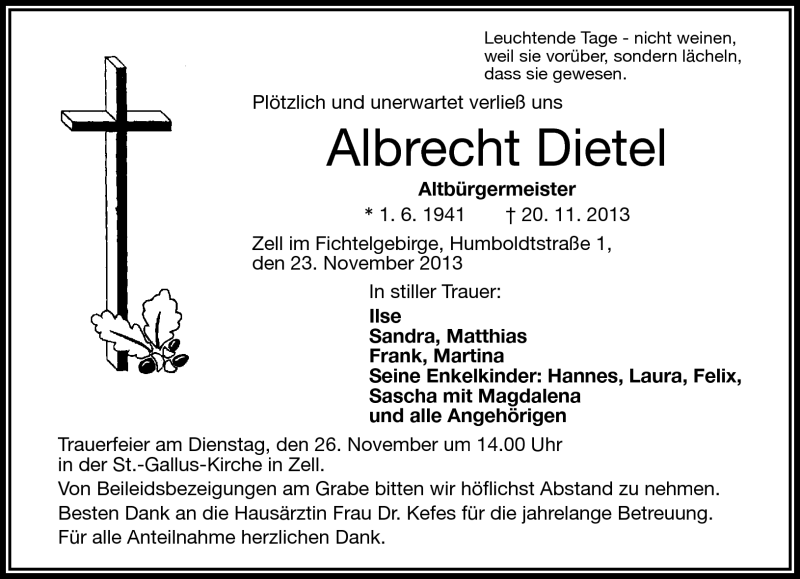  Traueranzeige für Albrecht Dietel vom 23.11.2013 aus Frankenpost