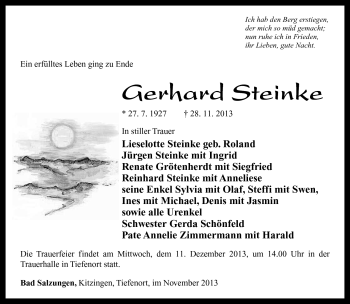 Traueranzeige von Gerhard Steinke von Südthüringer Presse