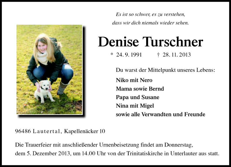  Traueranzeige für Denise Turschner vom 04.12.2013 aus Neue Presse Coburg