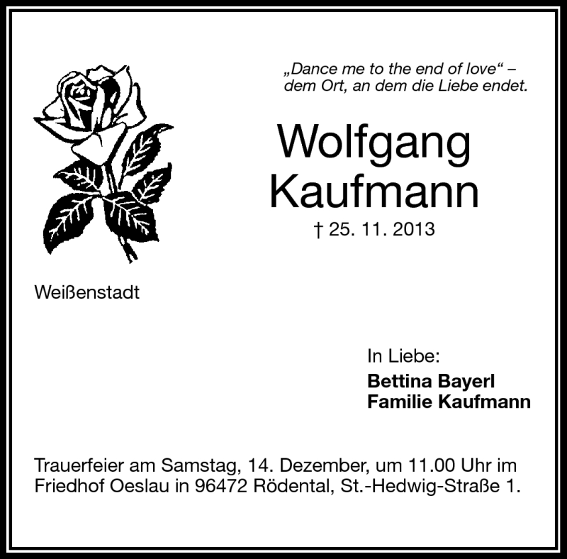  Traueranzeige für Wolfgang Kaufmann vom 11.12.2013 aus Frankenpost