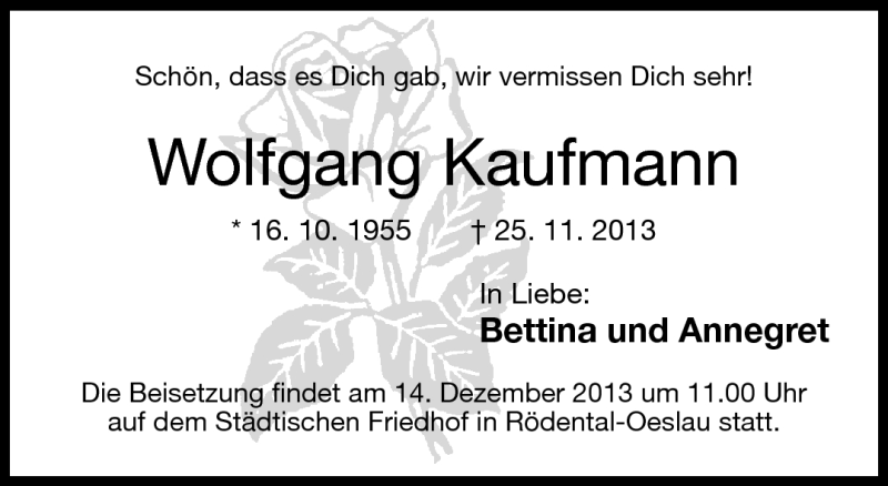  Traueranzeige für Wolfgang Kaufmann vom 12.12.2013 aus Neue Presse Coburg
