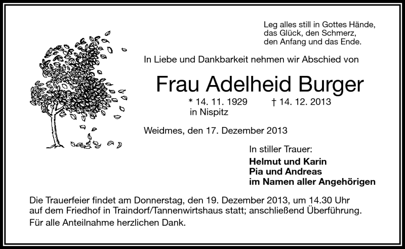  Traueranzeige für Adelheid Burger vom 17.12.2013 aus Frankenpost
