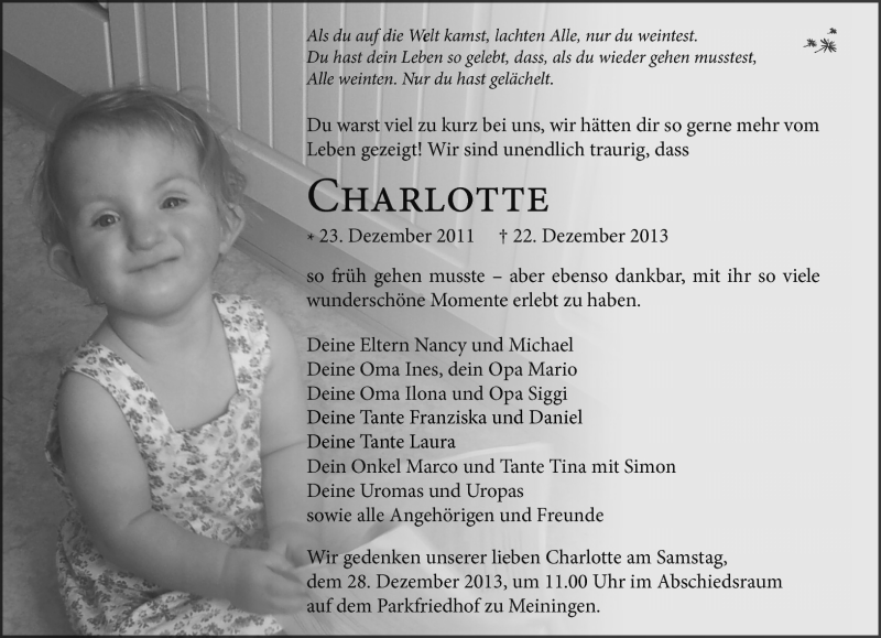  Traueranzeige für Charlotte Schmidt vom 27.12.2013 aus Südthüringer Presse
