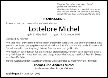 Traueranzeige von Lottelore Michel von Südthüringer Presse