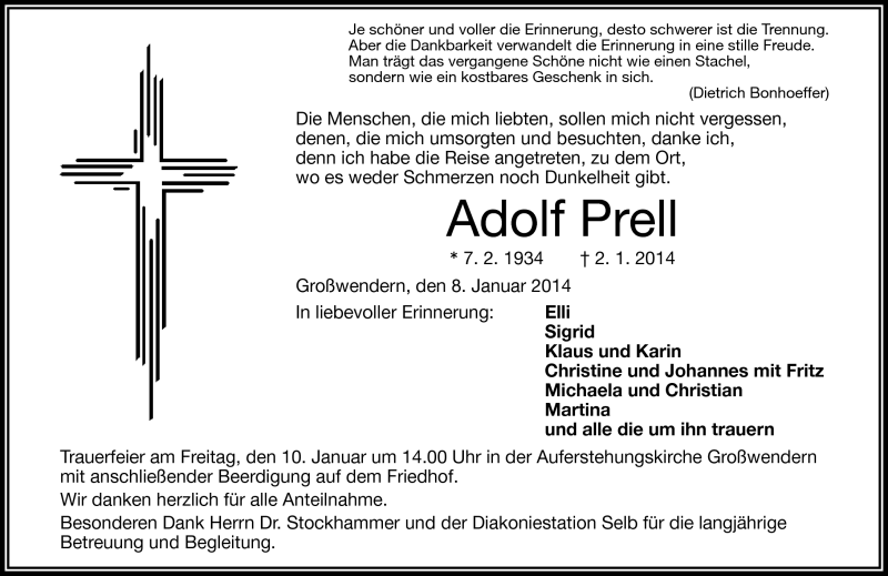  Traueranzeige für Adolf Prell vom 08.01.2014 aus Frankenpost
