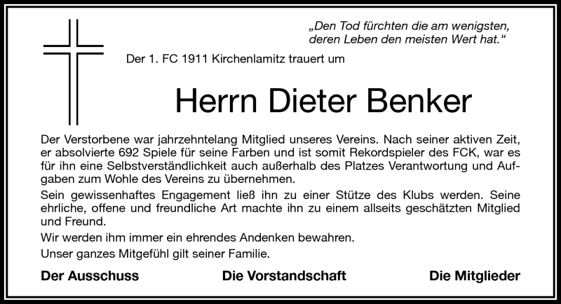  Traueranzeige für Dieter Benker vom 22.01.2014 aus Frankenpost