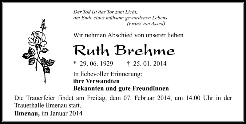 Traueranzeige für Ruth Brehme vom 01.02.2014 aus Südthüringer Presse