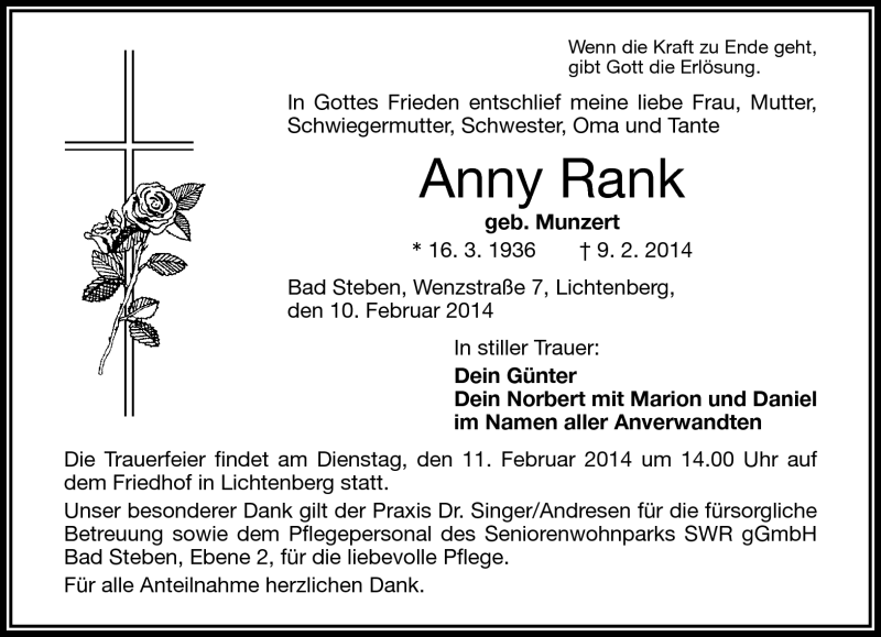  Traueranzeige für Anny Rank vom 10.02.2014 aus Frankenpost