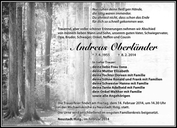 Traueranzeige von Andreas Oberländer von Südthüringer Presse