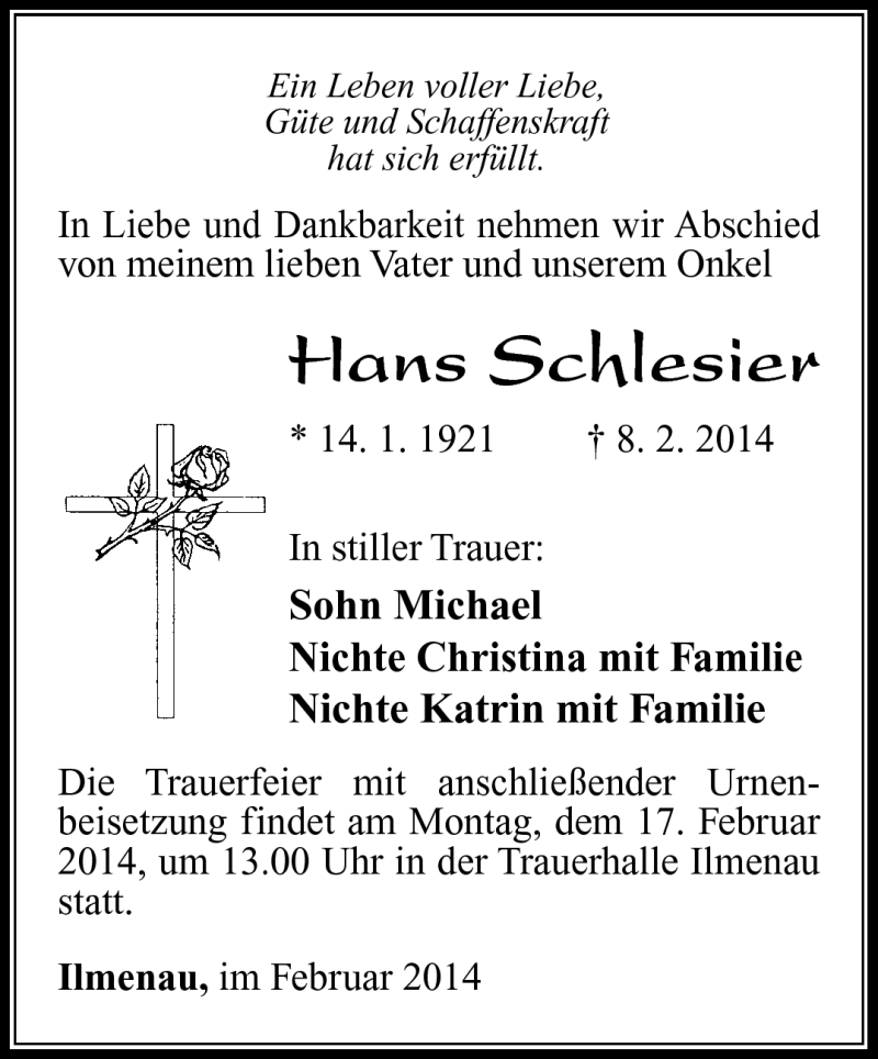  Traueranzeige für Hans Schlesier vom 15.02.2014 aus Südthüringer Presse