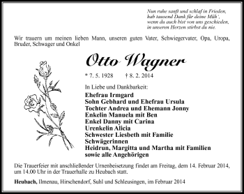Traueranzeige von Otto Wagner von Südthüringer Presse