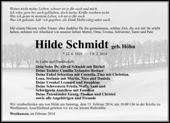 Traueranzeige von Hilde Schmidt von Südthüringer Presse