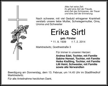 Traueranzeige von Erika Sirtl von Frankenpost