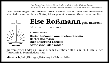 Traueranzeige von Else Roßmann von Südthüringer Presse
